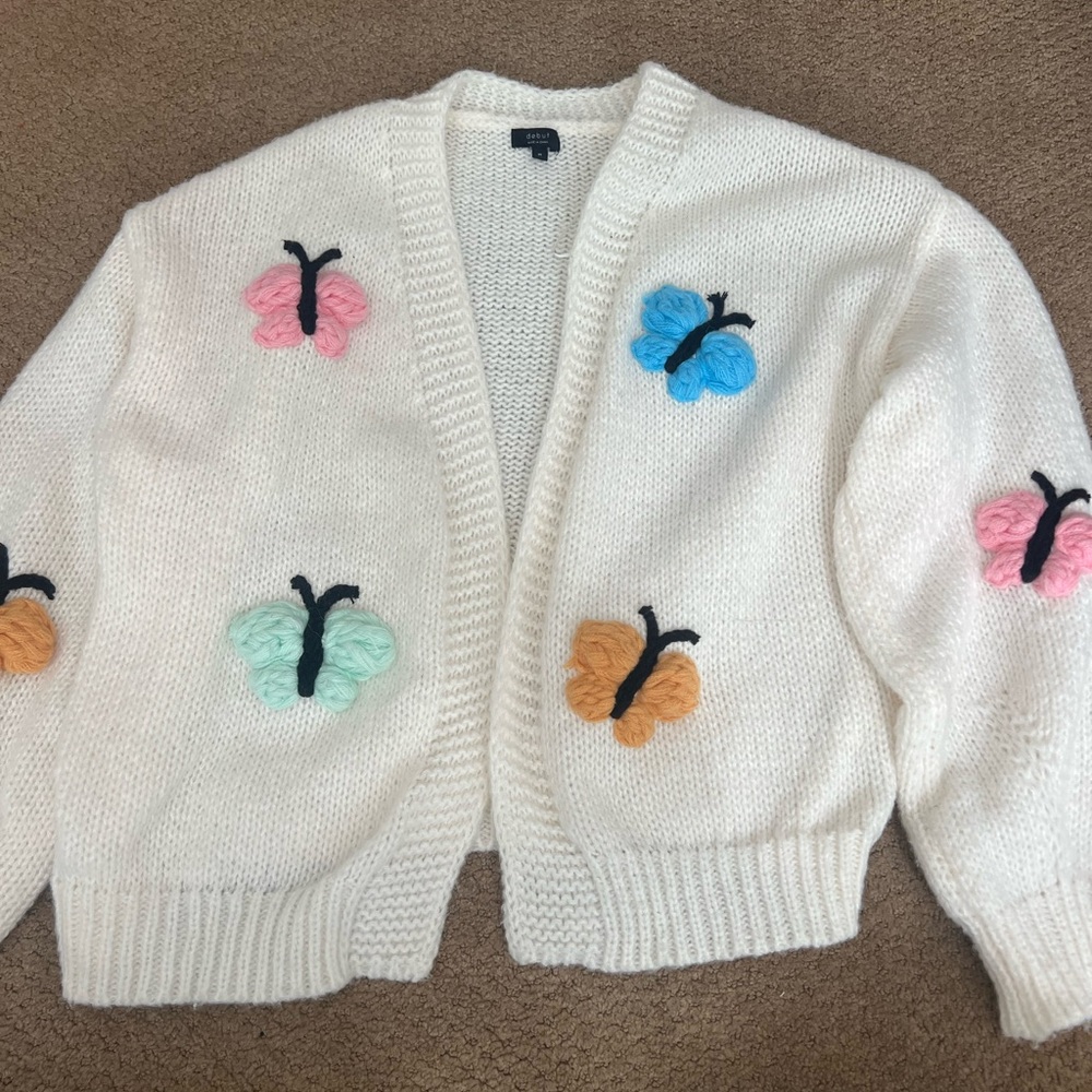 Debut White Knit Cardigan with Multicolor Butterfly Design